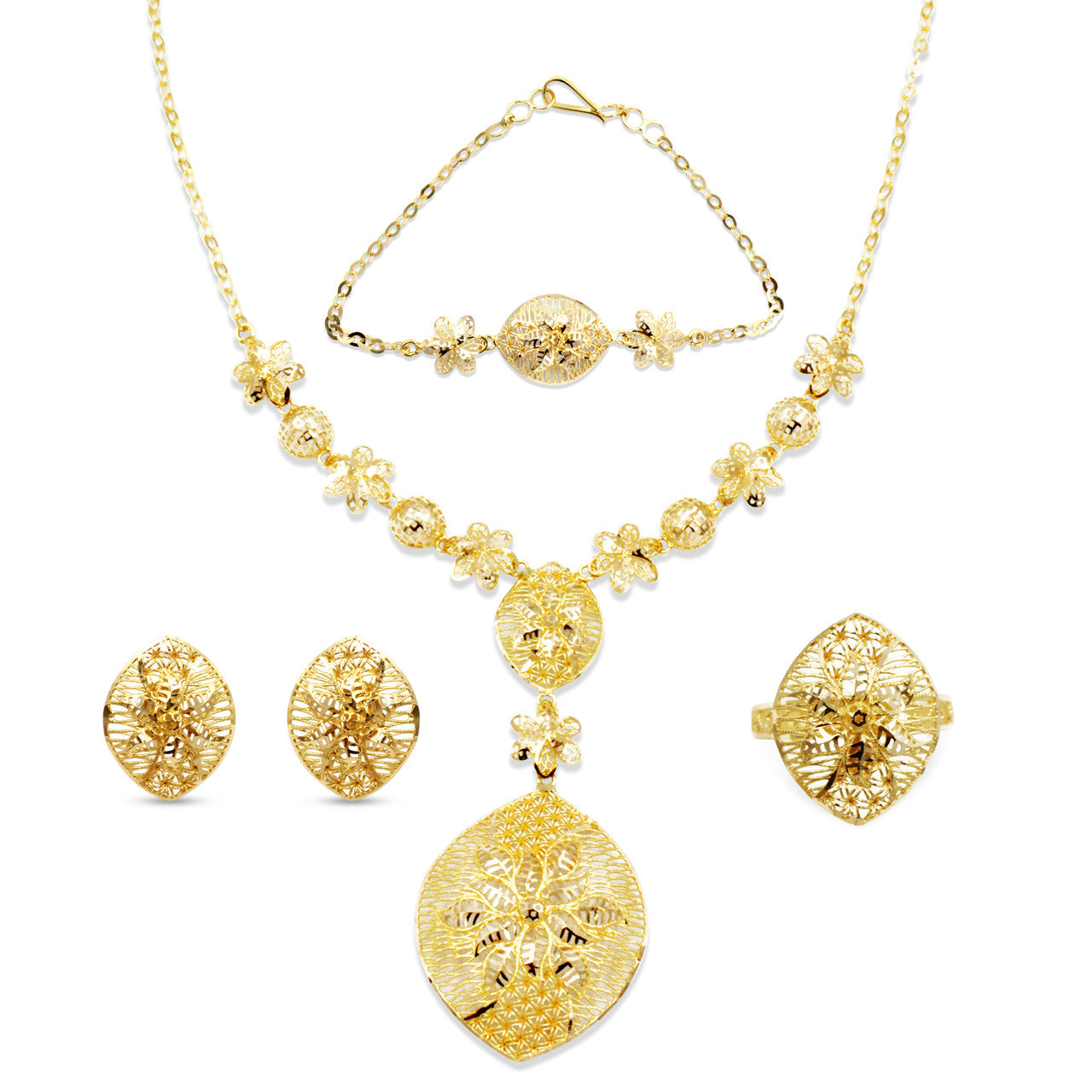 21K Yellow Gold Bahraini Floral Matinee Necklace Set