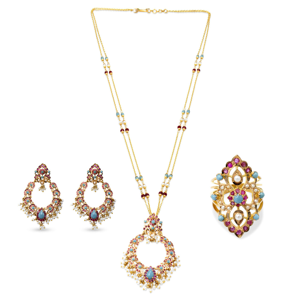 21K Yellow Gold Bahraini Pearl Gemstone Double Opera Necklace Set