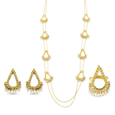 21K Yellow Gold Bahraini Pearl Double Rope Necklace Set