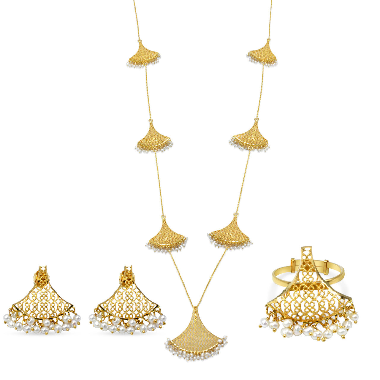 21K Yellow Gold Bahraini Fan Pearl Rope Necklace Set