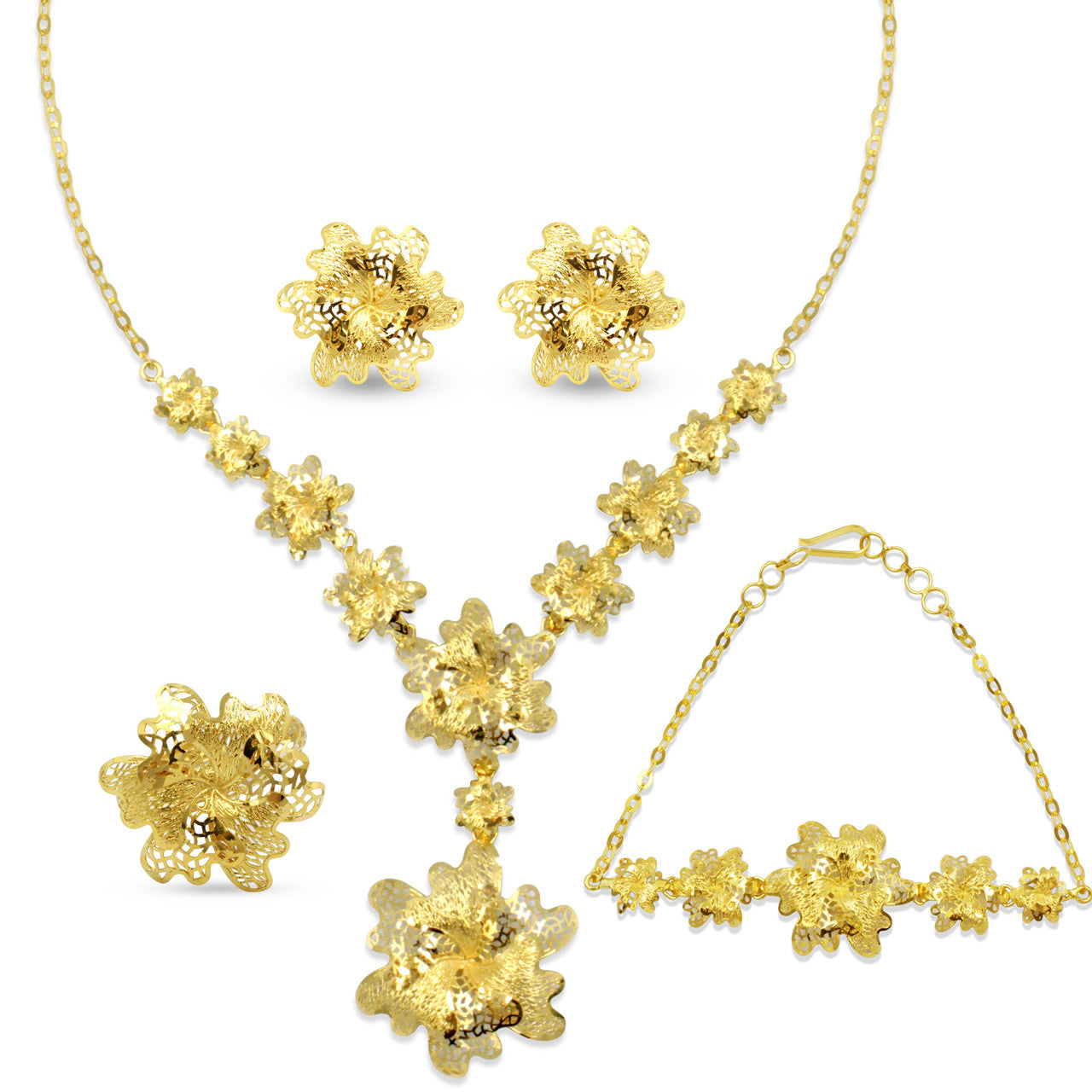 21K Yellow Gold Bahraini Embossed Flower Matinee Necklace Set