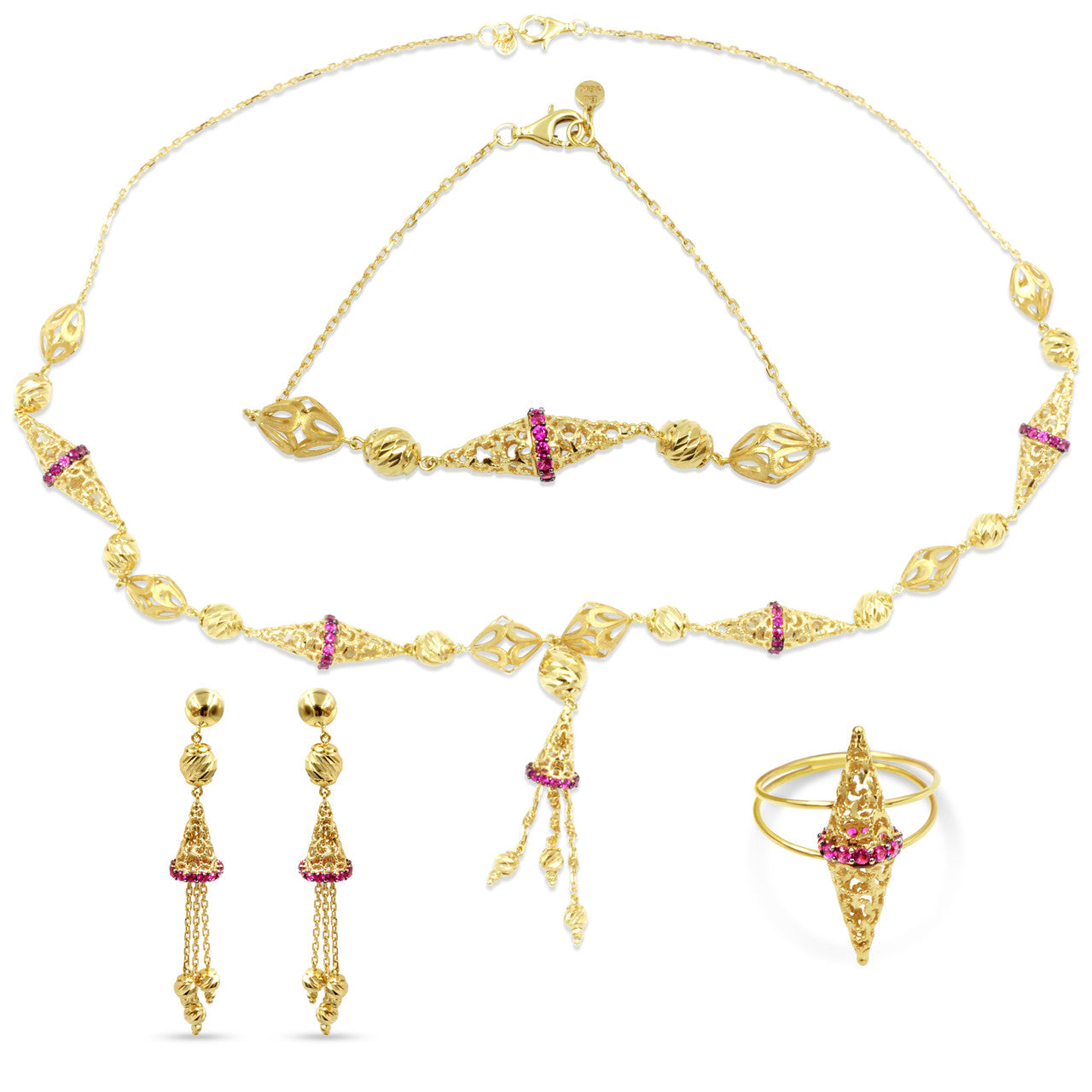 18K Yellow Gold Arabic Cone Pink Gemstone Opera Necklace Set