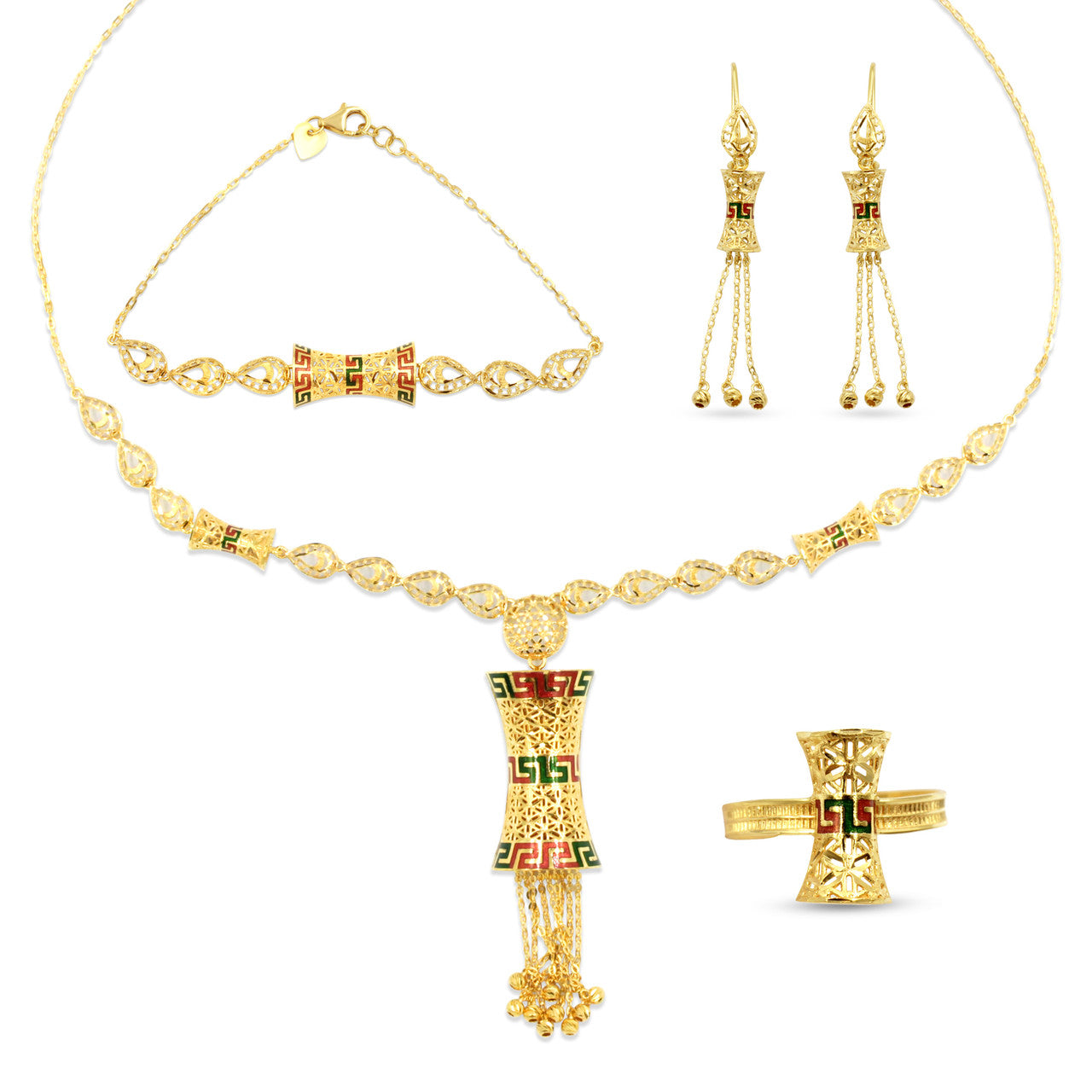 21K Yellow Gold Saudi Bow Meenakari Opera Necklace Set