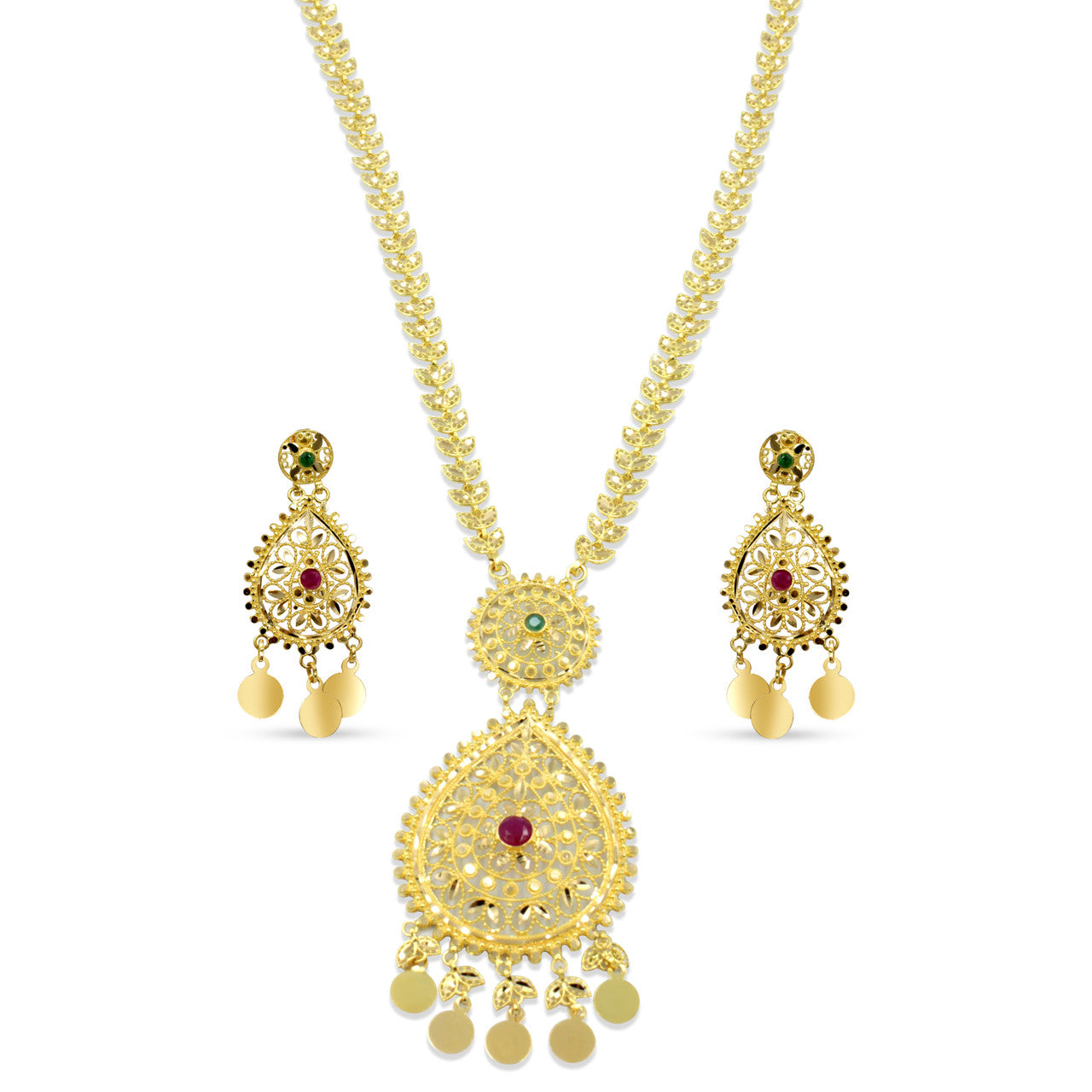 21K Yellow Gold Saudi Gemstone Opera Half Necklace Set