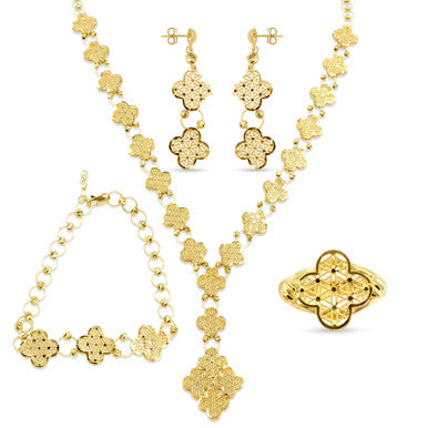 21K Yellow Gold Saudi 4 Leaf Clover Opera Necklace Set