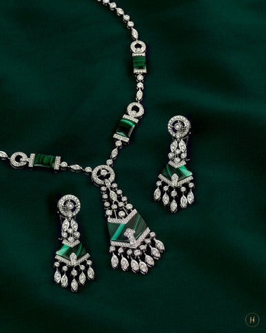 18K White Gold Malachite Diamond Necklace Set