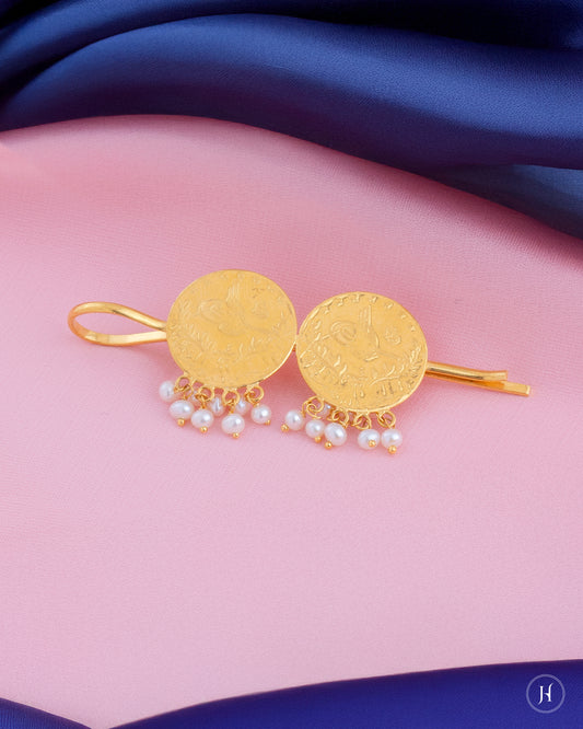 21K Yellow Gold Bahraini Traditional 2 Coin Hair Pin With Pearls for arab women in uae